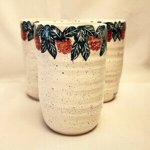 Handcrafted Vintage Pottery Cups Artisanal Hand Painted Leaf & Berry Signed 3 pc